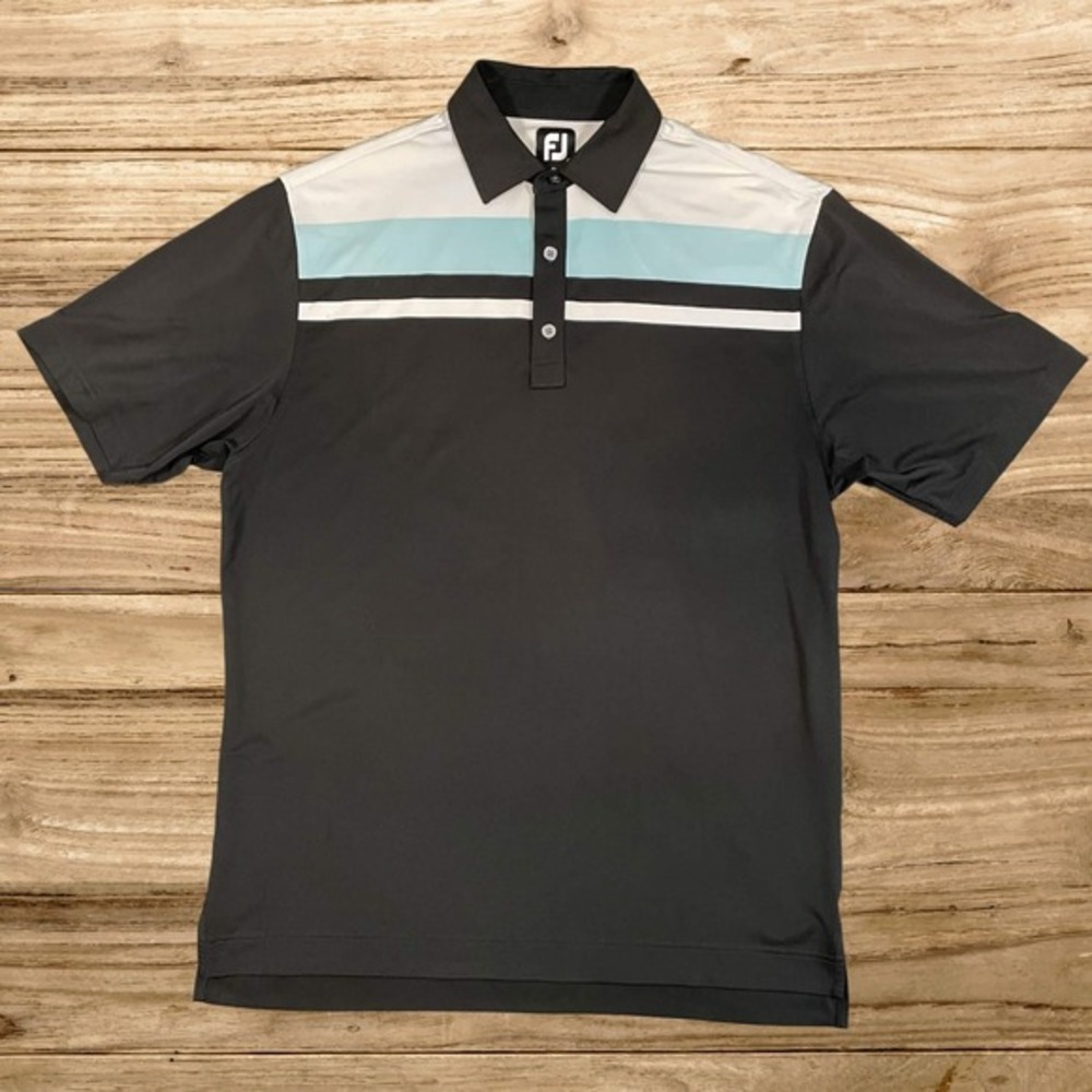 FootJoy Mens‎ Large Golf Polo Shirt Black Blue Colorblock Stripe Houston Lake CC